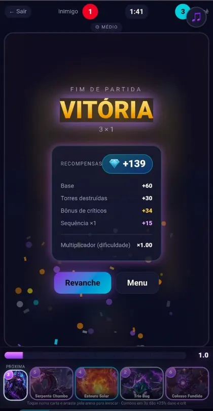 Tela de vitória e recompensas
